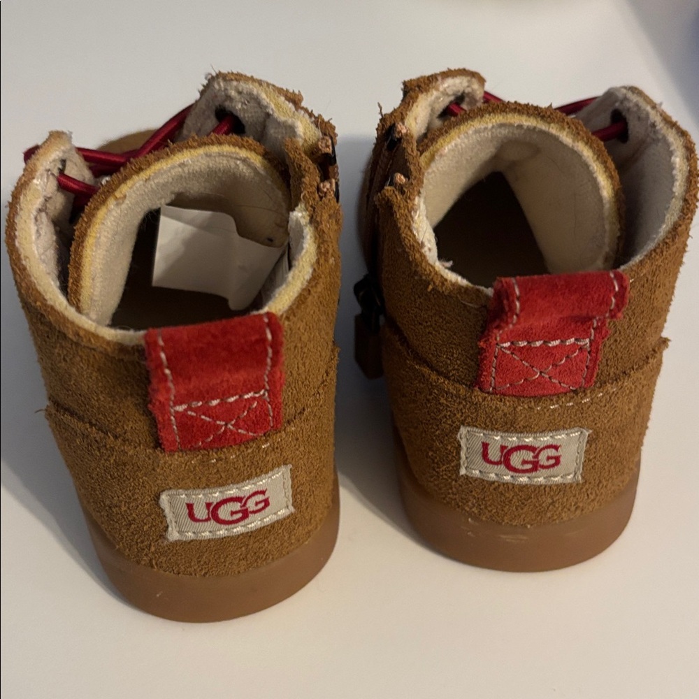 UGG Tan Suede Baby Boots with Red Accents - Picture 2 of 5